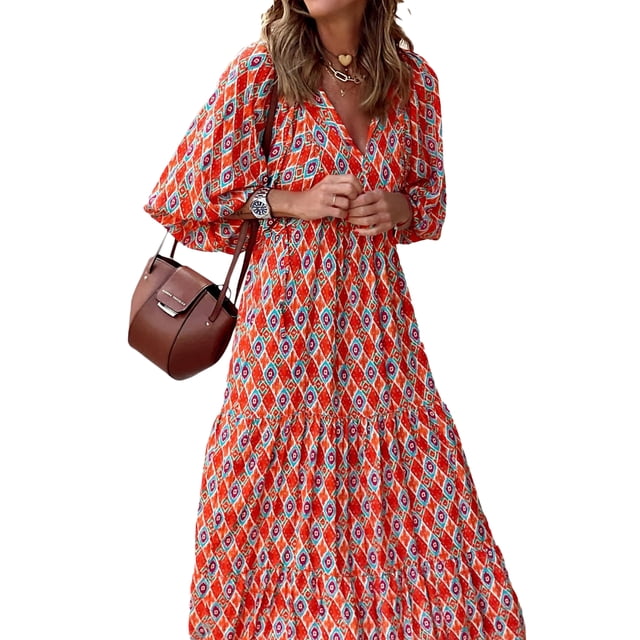 Txlixc Vestido Largo con Estampado Geométrico para Mujer, Vestido Suelto de Manga Larga con Escote en V para Primavera, Verano Txlixc Moda