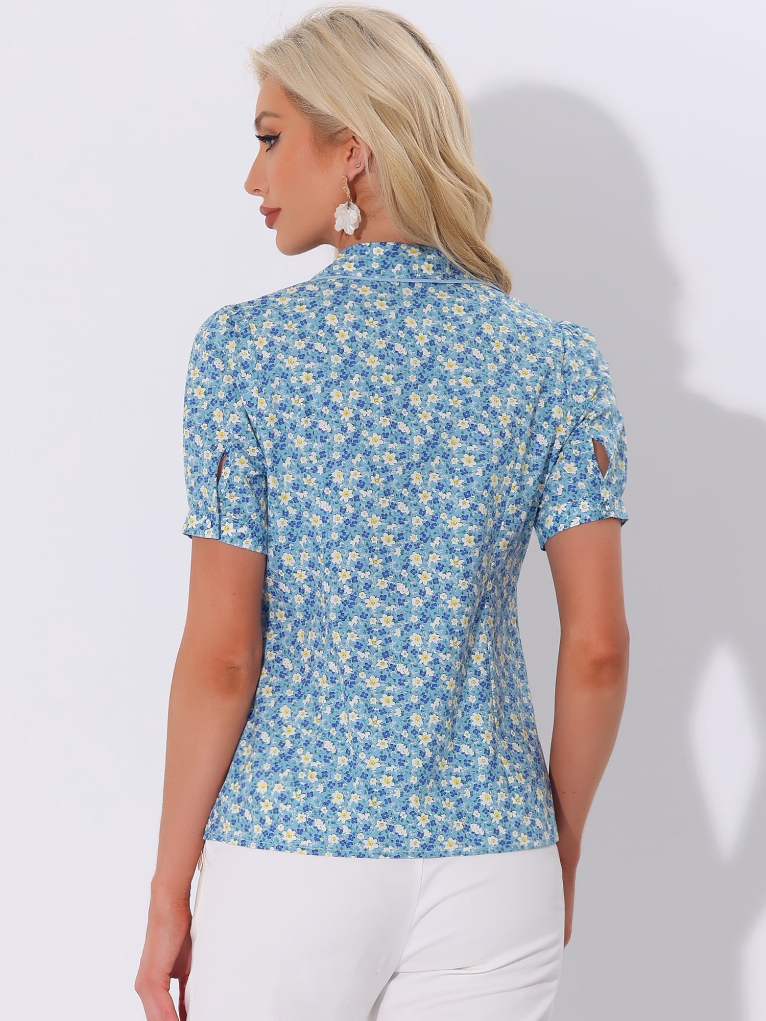 DARING DIVA Contrast Trim Puff Sleeve Peasant Shirt S Light Blue