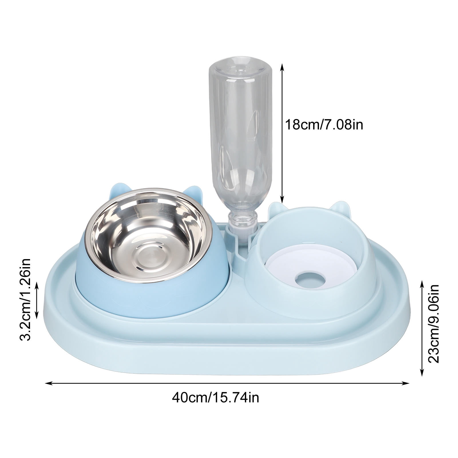 BIMZUC 3-in-1 Cat Food and Water Bowl Set, Automatic Water Dispenser, Tilted Stainless Steel Slow Feeder Bowl for Kittens, Puppies, Blue