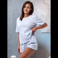 thumbnail image 4 of Conjunto de Pijama Informal Holgado con Ribete de Encaje para Mujer, 2 Piezas, Camiseta de Corta con Cuello Redondo y Pantalones Cortos, Azul XL, 4 of 10