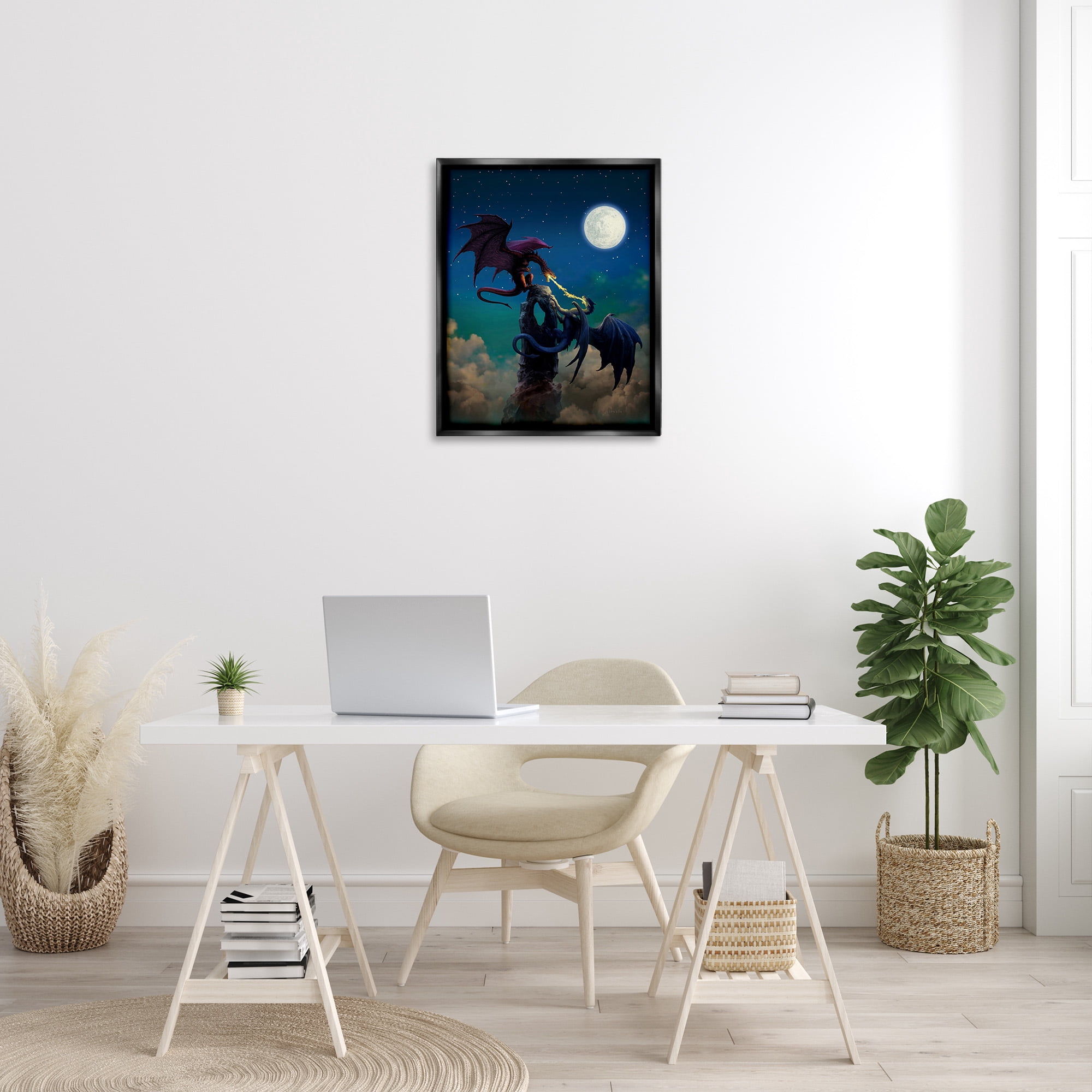 Stupell Industries Battling Dragons at Night Fairy Tales & Fantasy Painting Black Floater Framed Canvas Art Print Wall Art, 25 x 31