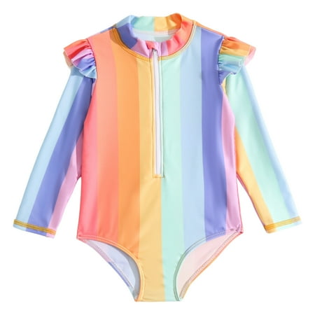 

B91xZ Swimsuit Girls Toddler Summer Toddler Girls Long Sleeve Rainbow Stripe Prints 1 Piece Swimwear Beach Onesie Swimsuit Purple Sizes 18-24 Months