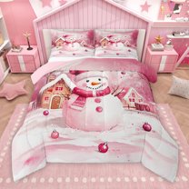 Manfei Kawaii Pink Snowman Bedding Comforter Set for Teen, Happy Holiday Twin Comforter Sets, Cartoon Rustic Cabin Reversible Bedding Set, Microfiber Bedroom Decor, 2pcs