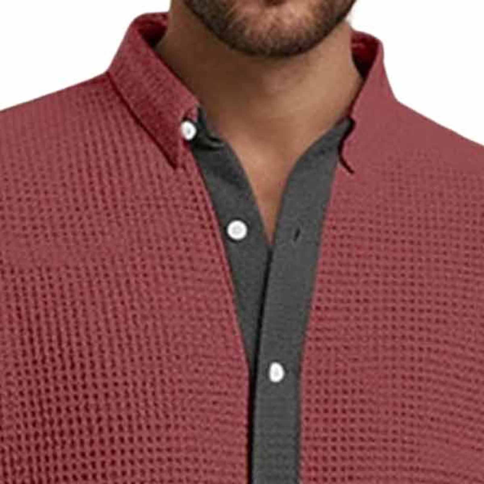 Long Sleeve Shirts for Men, Men's Button Down Waffle Textured Shirt Casual Long Sleeve Lapel Neck Wrinkle Free Untucked Shirts Fashion Clothes