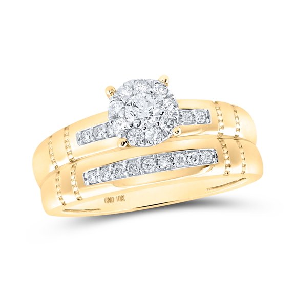 10K Yellow Gold His Hers Round Diamond Cluster Matching Wedding Set 1/2ctw, Womens Size: 5-10, Mens Size: 7-13