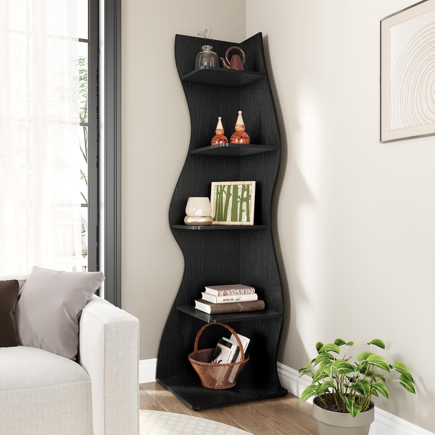 Tribesigns Small Corner Shelf, 5-Tier Modern Corner Bookcase for Small Space, Living Room (Black)