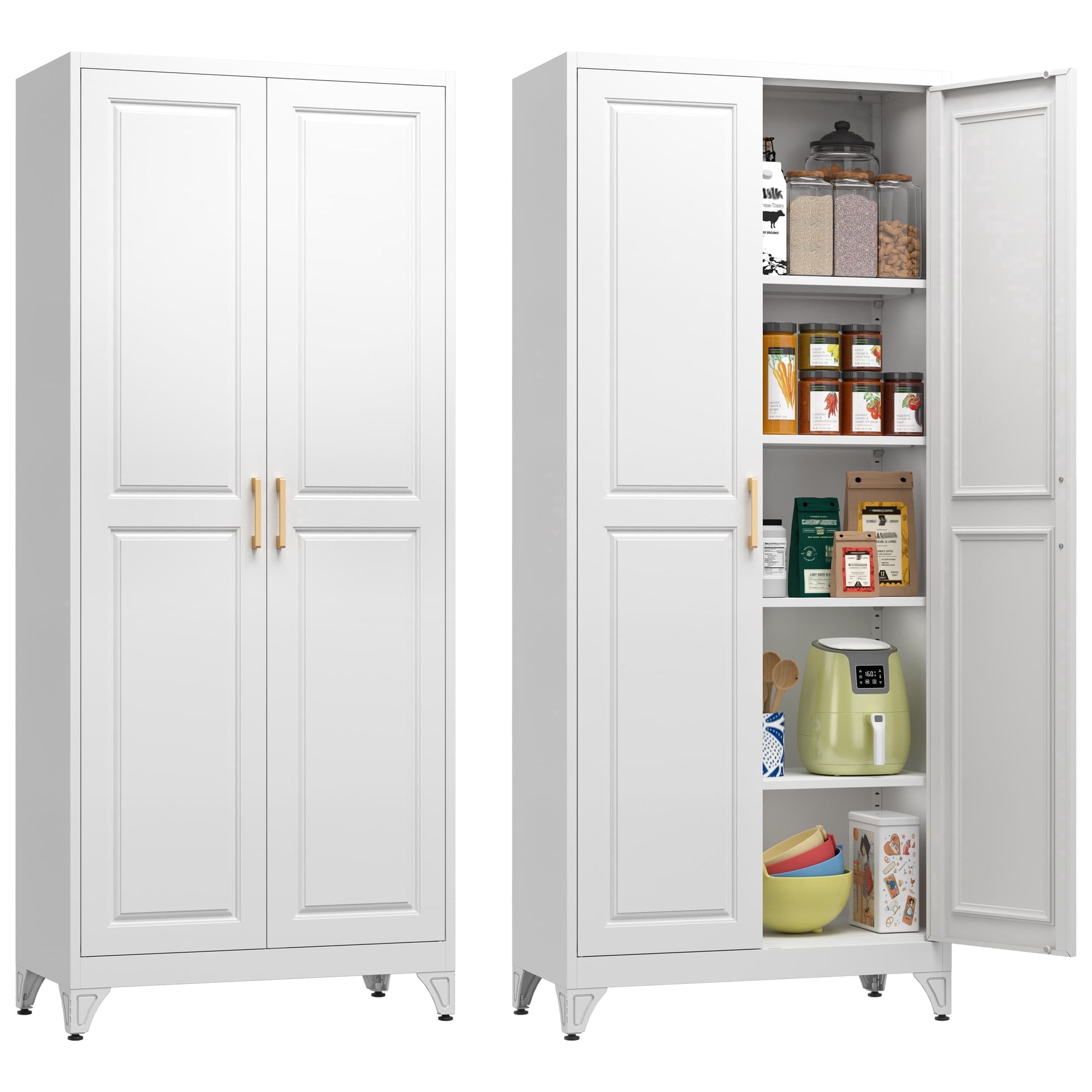 SteeLoong 75"H Kitchen Pantry Cabinet,Metal Storage Cabinet, with 2 Door and 4 Adjustable Shelves,White Cupboard for Livingroom,Pantry,Kitchen