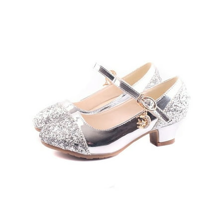 

Frontwalk Girl s Princess Dress Shoe Low Top Sandals Chunky Heel Mary Jane Wedding Non-Slip Girls Closed Toe Silver 4.5Y