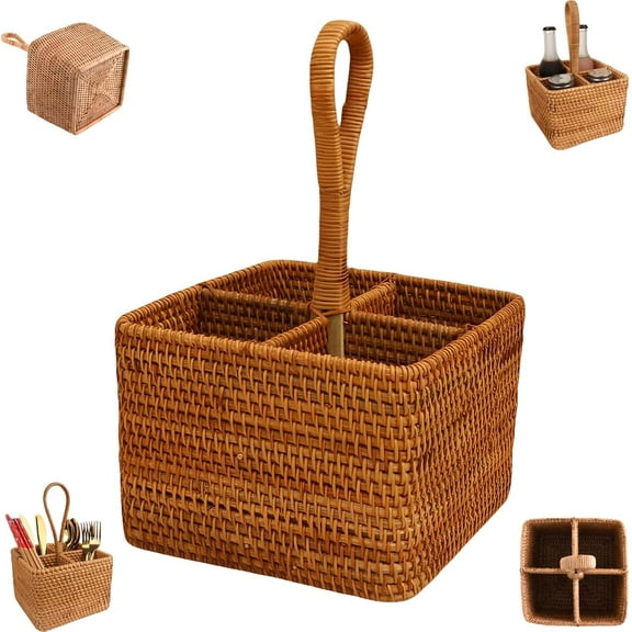 Wicker Silverware Caddy with Built-in Handle,Rattan Utensil Holder with 4 Compartments,Kitchen Utensil Holder for Countertop, Utensil Organizer for party, Natural Woven (Square A)