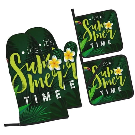 

Pofeuu Tropical Summer Vibes Print Oven Mitts and Pot Holders 4 pcs Set High Heat Resistant 500 Degree Extra Thicken Long Kitchen Cotton Oven Glove for Cooking
