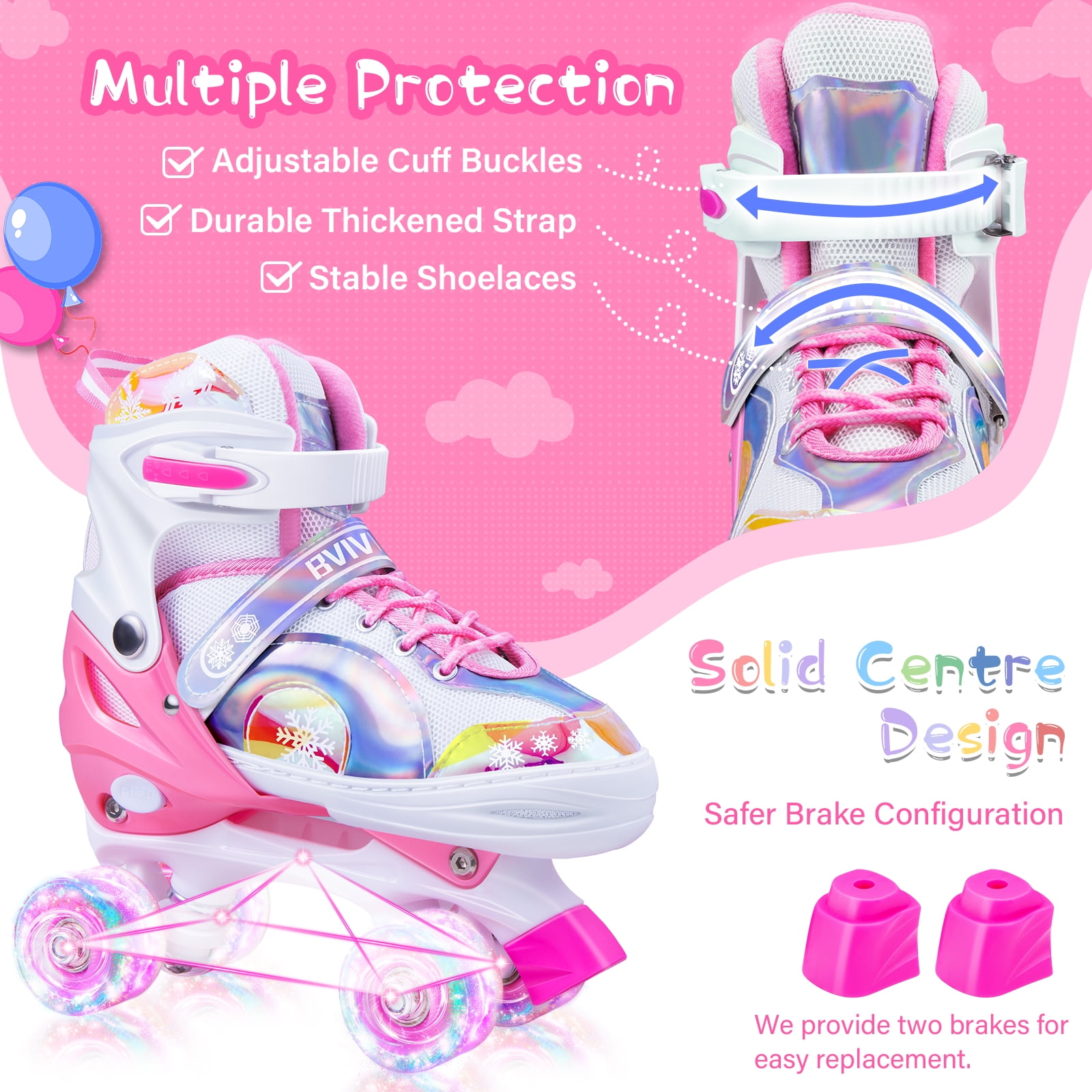 Bvivok Roller Skates for Girls Size (S: 12C-1.5Y), 4 Sizes Adjustable, with Light up Wheels, Pink