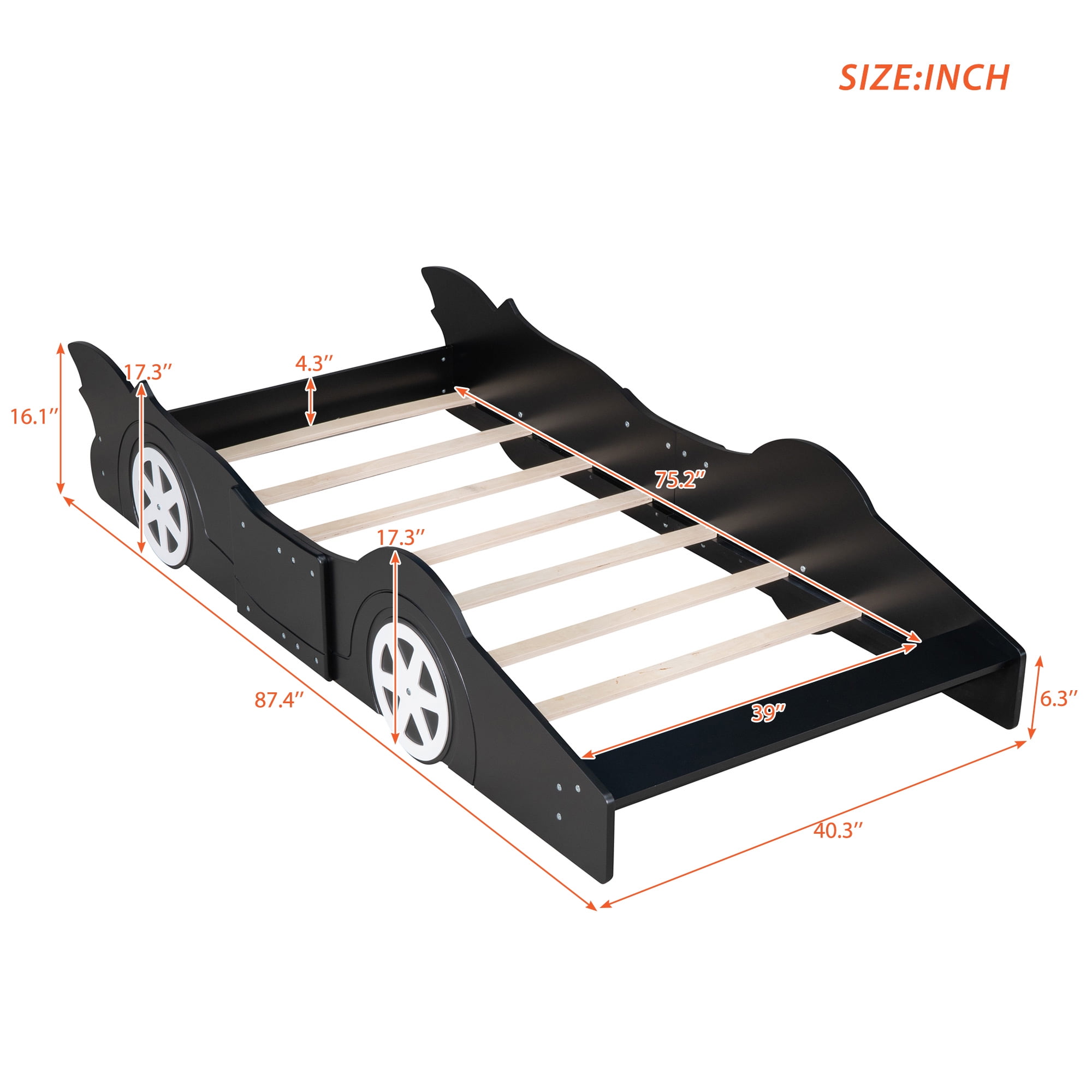 Daatumm Full Racing Platform Bed with Dynamic Speed Accents & Rolling Wheels - Jet Blue Upholstered Bed Frame for Themed Bedrooms & Playful Spaces