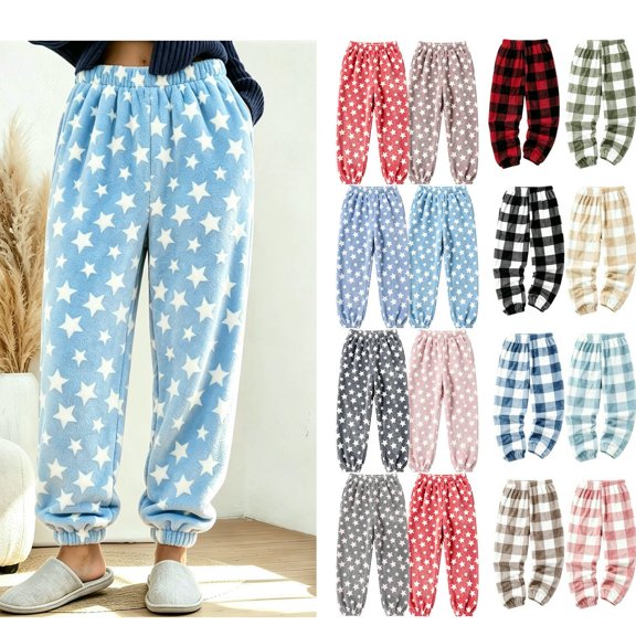 Women's Plaid Fleece Pajama Pants Elastic Waist Cuffed Ankle Loose Fit Joggers Soft Warm Cozy Fall Winter Lounge Sleep Trousers with Pockets Wine