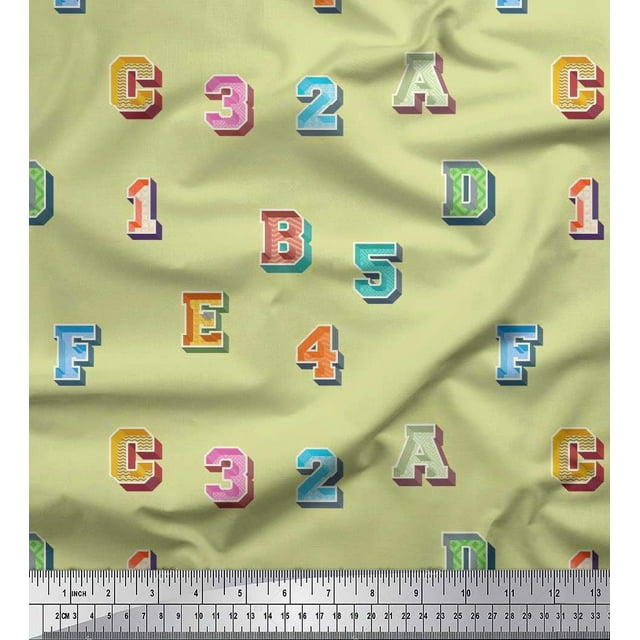 Soimoi Crepe Silk Fabric Numbers & Alphabets Text Printed Fabric 1 Yard 42 Inch Wide