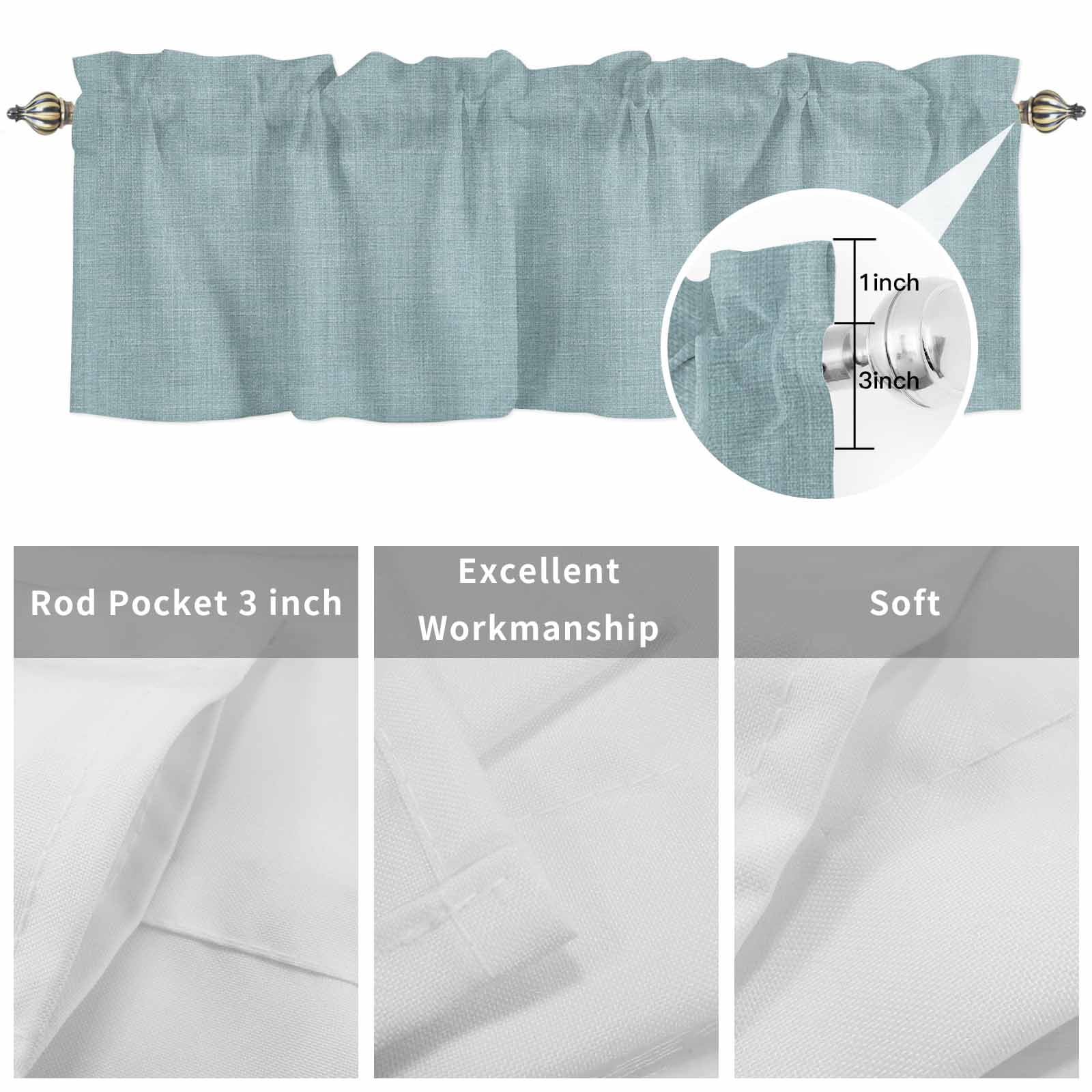 Curtain Valance for Windows, Light Blue Vintage Linen Kitchen Valances Rod Pocket Short Curtains, Solid Color Window Valance for Bedroom Bathroom Living room 60x18in
