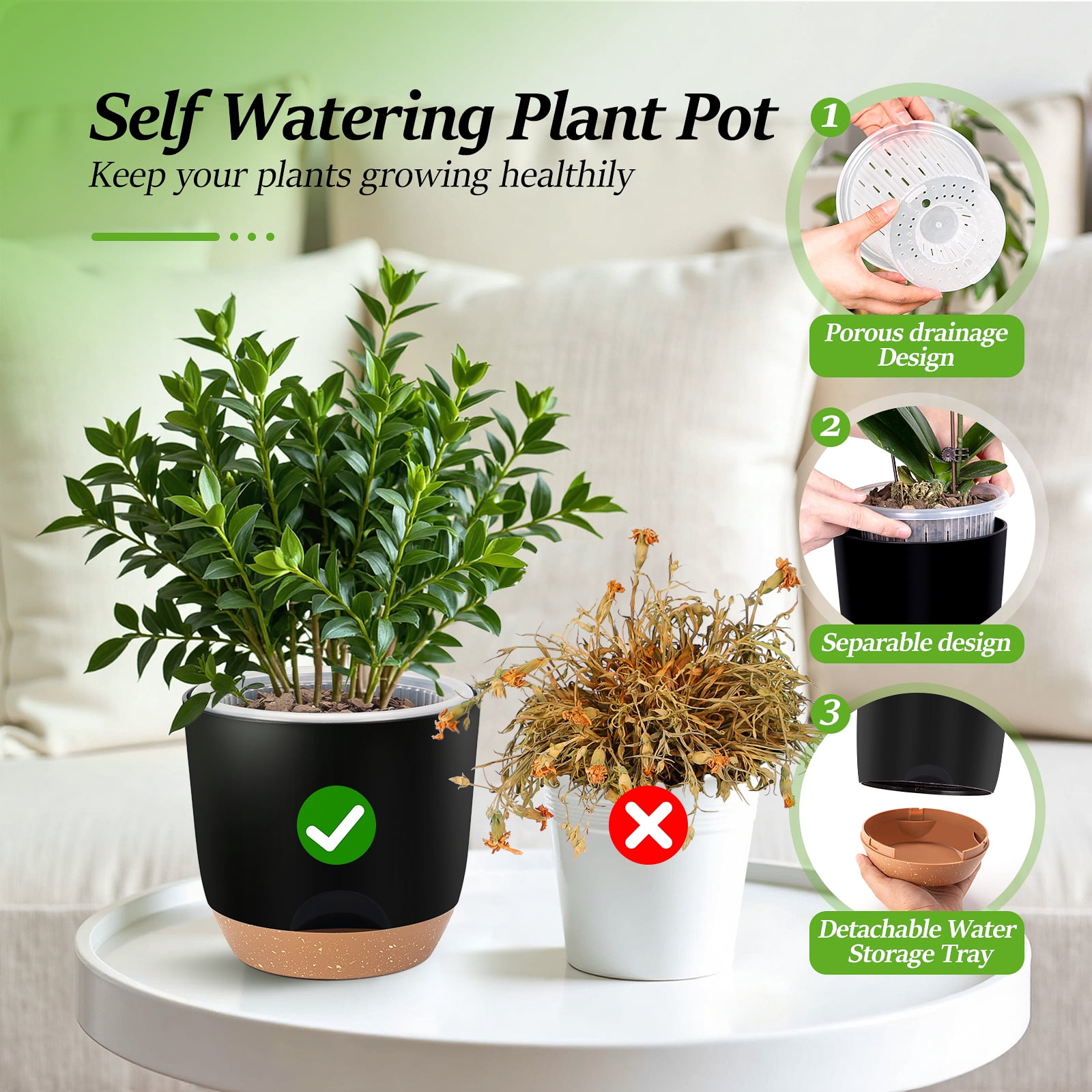 QCQHDU 5.8 Inch Self Watering Planters for Indoor Plants with Bottom Watering,2Pack Flower Plant Pots for Outdoor with Drainage, Durable Plastic planters Pots(Black)