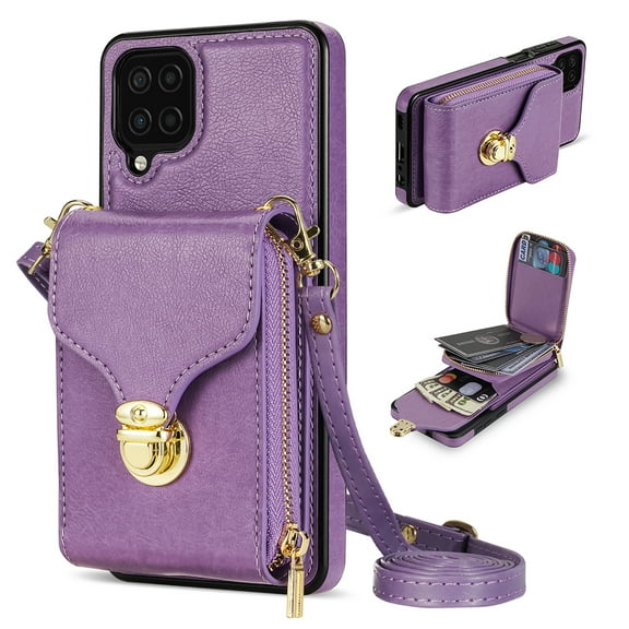 Nalacover Wallet Case for Samsung Galaxy A12 5G,with Removable Adjustable Shoulder Strap,PU Leather Back Zipper Pocket Card Holder Stand Purse Shockproof Phone Case for Women Men,Purple