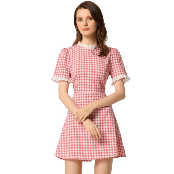 Vestido de manga corta vintage de color con panel de contraste y cuello con volantes para mujer Rosa S