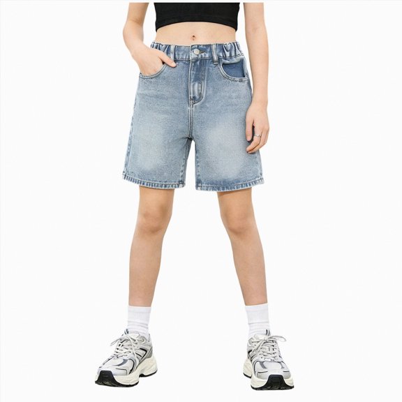 ZHANGDER Girls Jean Shorts Baggy Wide Leg Washed Denim Shorts Trendy Y2k Vintage Bermuda Jorts, Blue 7-8 Years