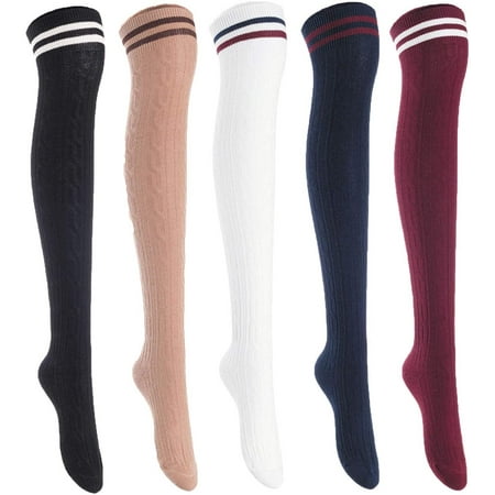 

Lian LifeStyle Women s 5 Pairs Adorable Comfortable Soft Thigh High Over Knee High Cotton Socks Size 6-9 L1023(Black Khaki White Navy Wine)