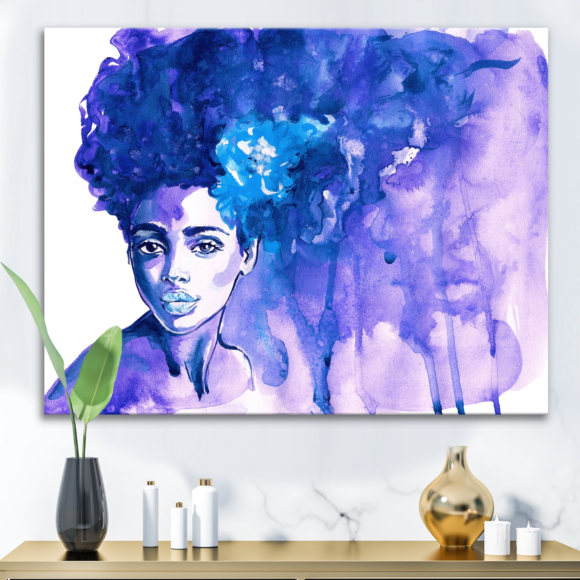Designart ' Glorious Blue Portrait of Afro American Woman ' Modern Canvas Wall Art Print