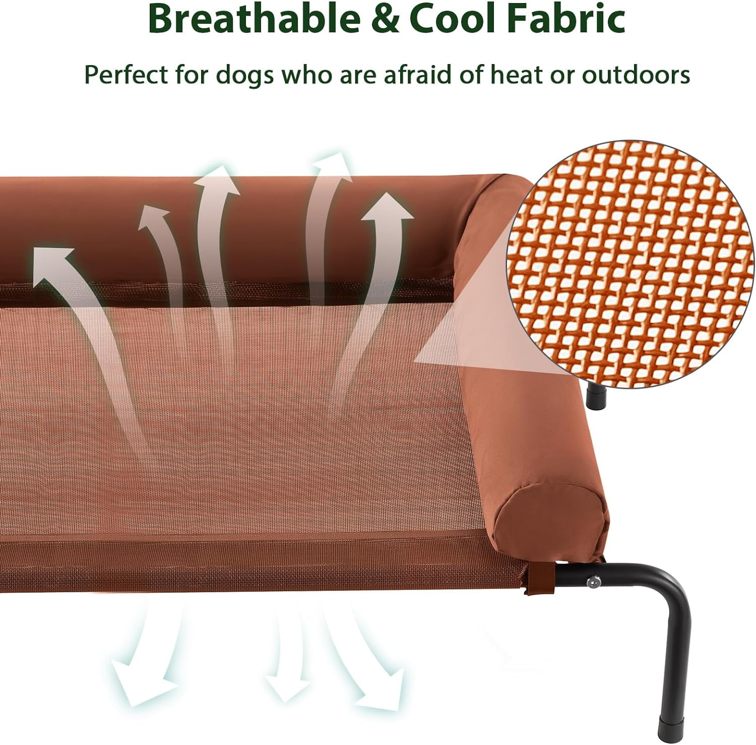 Large Elevated Cooling Dog Bed, Breathable Mesh, Metal Frame, 36x26x8 inches, 75 lbs Capacity, Caramel