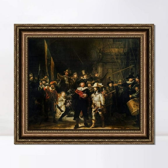 INVIN ART Framed Canvas Art Giclee Print The Night Watch by Rembrandt Harmenszoon van Rijn Wall Art Living Room Home Office Decorations(Vintage Embossed Gold frame,26"x32")