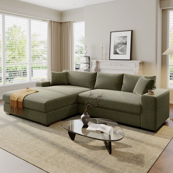 MODERNLUXE 111.5" Large Modular Sectional Sofa,L-Shape 3-Seat Sofa Couches with Thick Cushions,Built-in Cup Holders & Charging Ports ,Corduroy Modern Couch for Living Room,Green