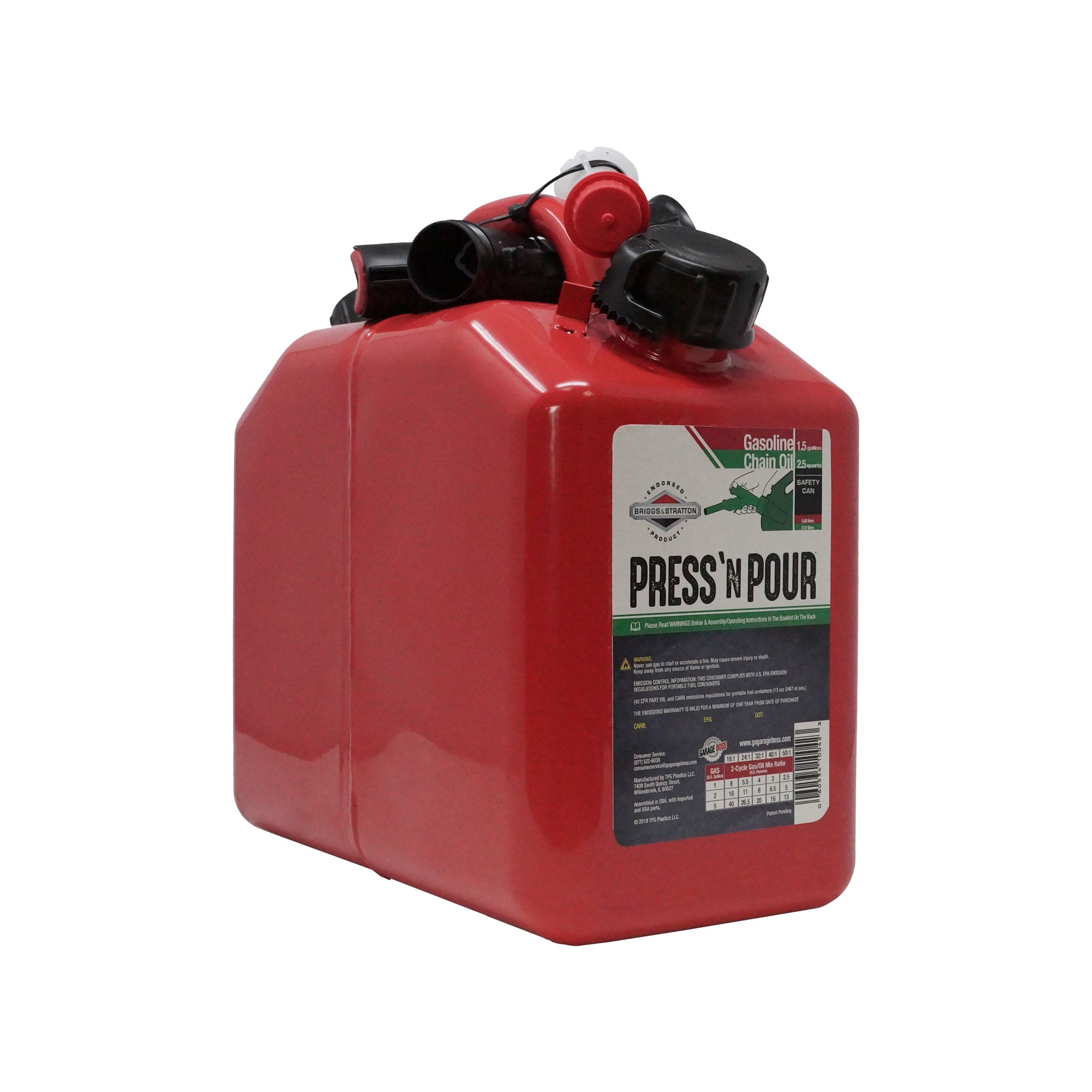 Garage Boss 2 Cans In 1 Press N Pour Metal Gas and Oil Portable Fuel Container