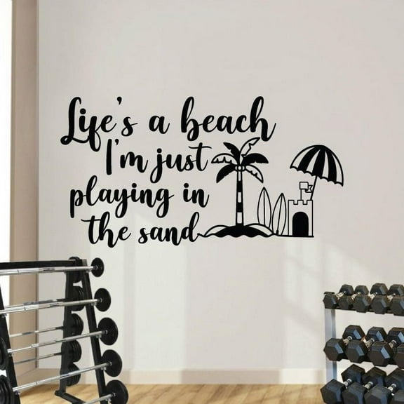 Life's A Beach, I'm Just Playing In The Sand - Beach Quotes Sand Castle Silhouette Vinyl Wall Sticker Art Wall Decal Beach Area Ocean Vibes Design House Home Decor Sticker Decoration Size (24x40 inch)