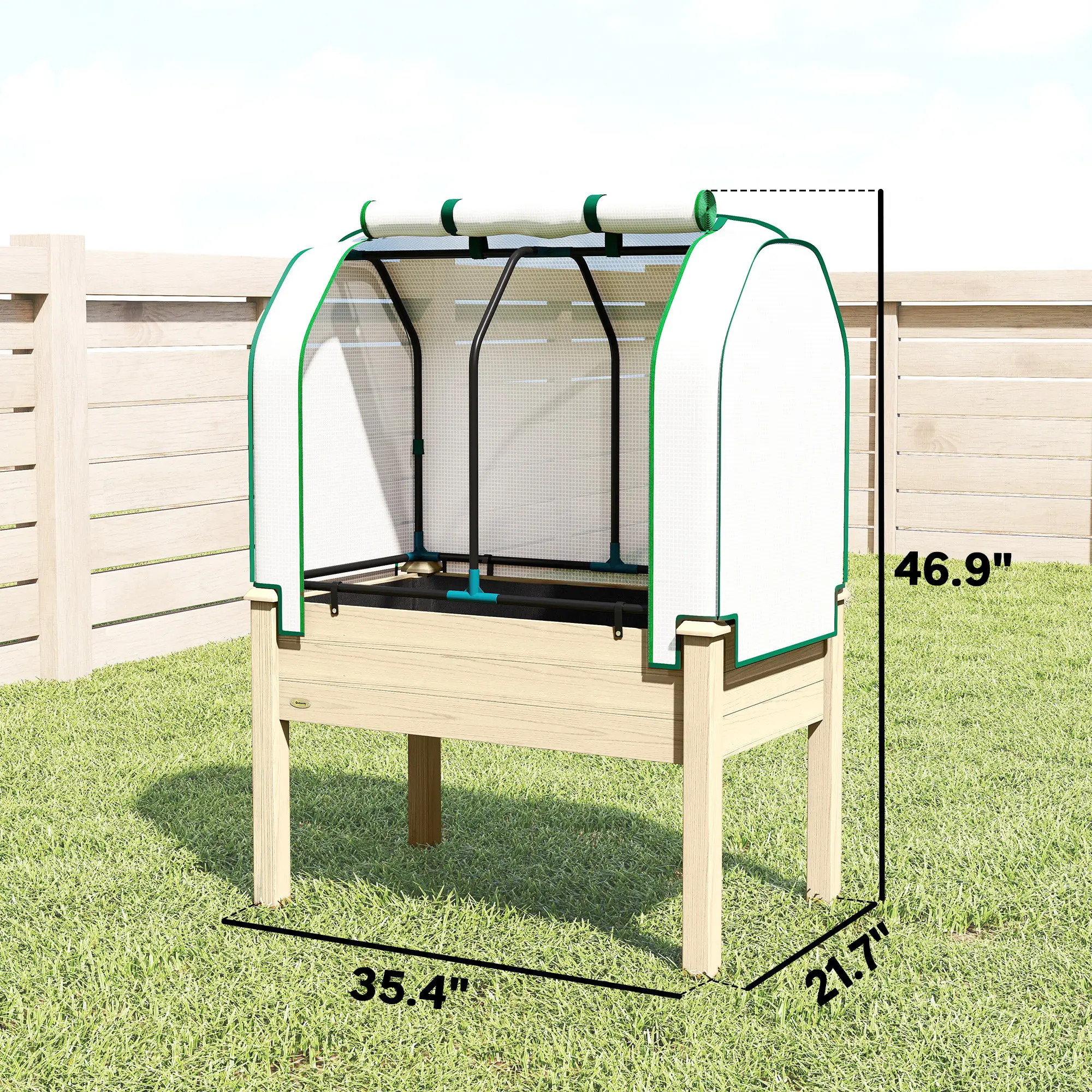 Raised Garden Bed with PE Cover, Fir Wood & Steel Frame, Roll-Up Ventilated Cover, Non-Woven Fabric, 4 Drainage Holes for Flowers Vegetables Outdoor