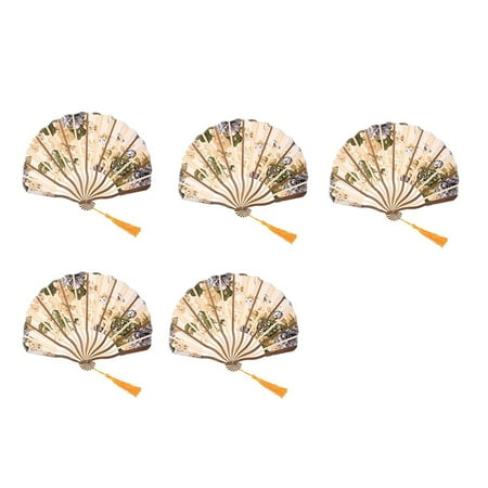 

5 Pcs Classic Style Flower Fabric Bamboo Folding Dance Hand Fan Beige