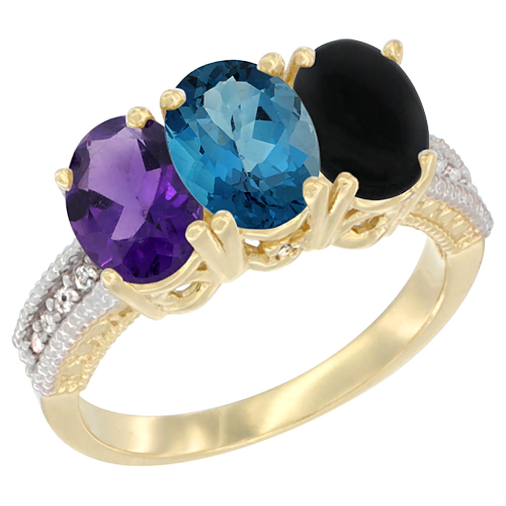 10K Yellow Gold Diamond Natural Amethyst, London Blue Topaz & Black Onyx Ring Oval 3-Stone 7x5 mm,sizes 5-10 by WorldJewels