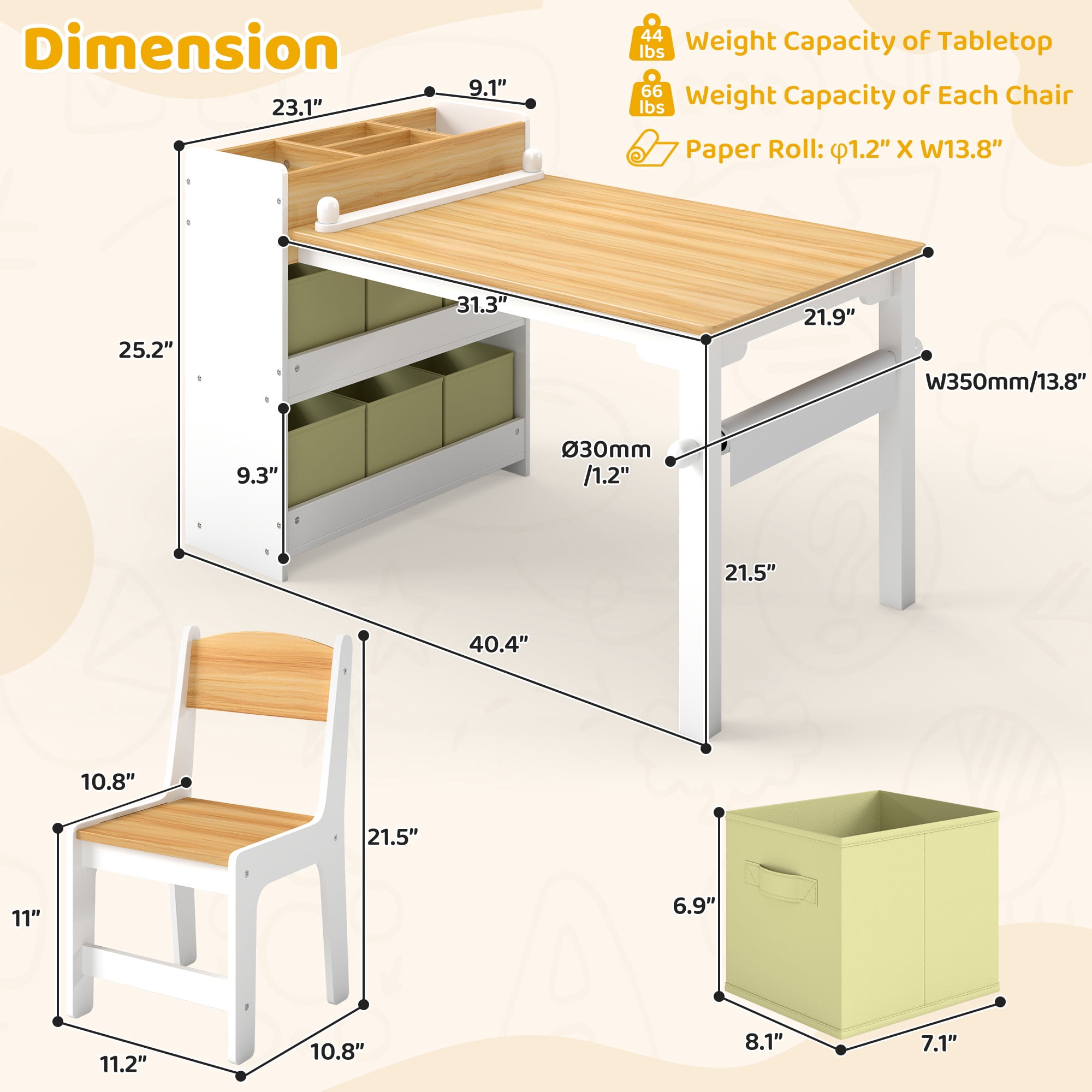 Kids Art Table and Chair Set with Storage Bins & Paper Roll, Toddler Activity Desk for Drawing Play Learning，Natural