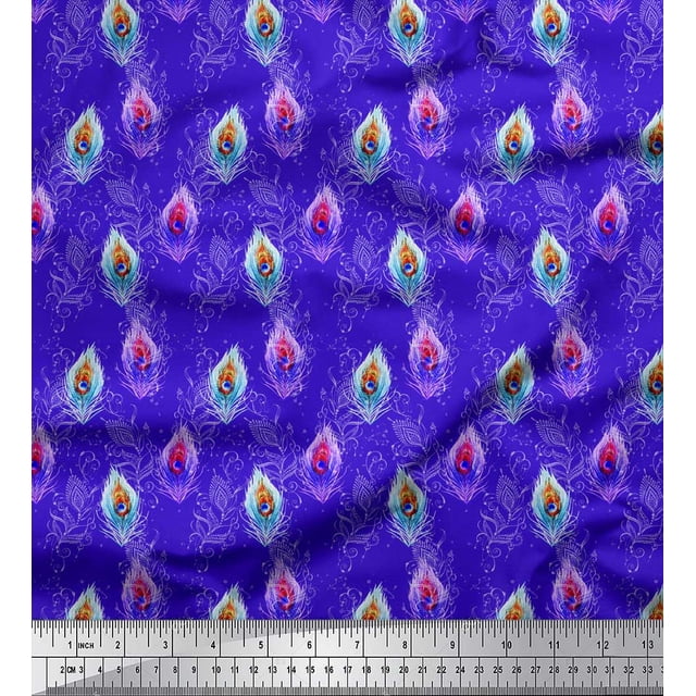 Soimoi Blue polyester Crepe Fabric Peacock Feather Printed Fabric 1 Yard 52 Inch Wide