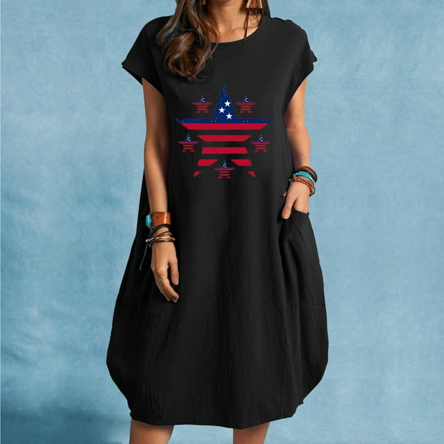 Fankiway Robe Unie à Manches Courtes Col Rond Imprimée avec Poches Robe Midi Grande Taille pour Femmes Rondes Printemps 3781