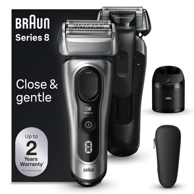 Braun Series 8 8567cc - Maquinilla de afeitar eléctrica para hombres, elementos de afeitado 4+1 y recortadora de cabello largo de precisión, centro inteligente 5 en 1, cierre y suave, incluso en