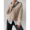 thumbnail image 5 of Womens V Neck Oversized Sweaters Long Sleeve Cable Knit Pullover Striped Chunky Sweater Casual Tennis Tunic Tops Khaki S, 5 of 6