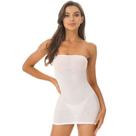 JanJean Women s Strapless Boob Tube Short Mini Dress Bodycon Skinny Mesh Babydoll Lingerie Chemise White One Size