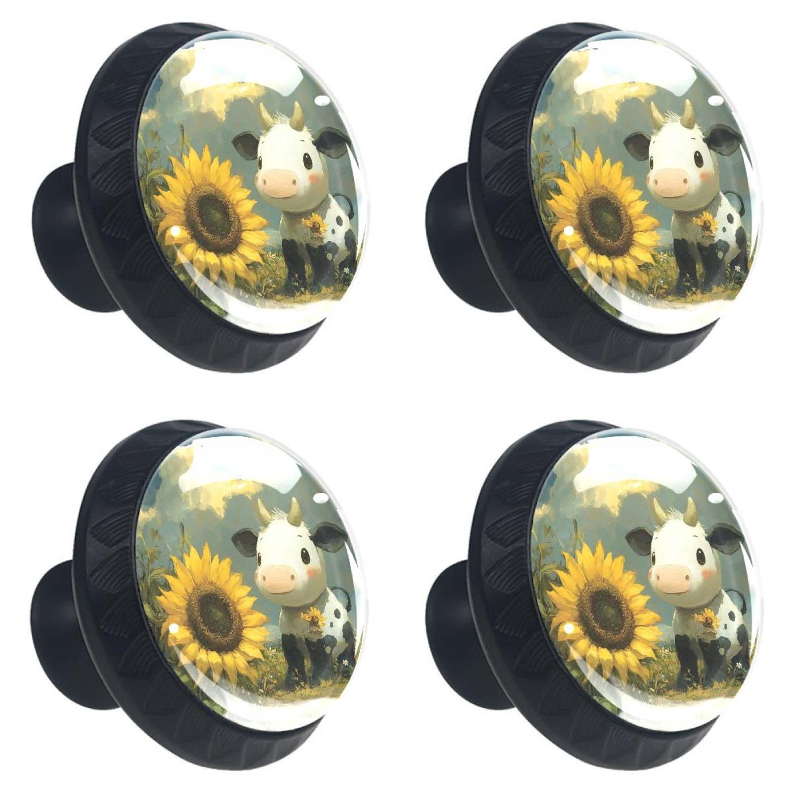 4 Pcs Cow and Sunflower Knobs for Kitchen Cabinet Cupboard Dresser Bookcase Drawer Pulls Handles Round Home Decor