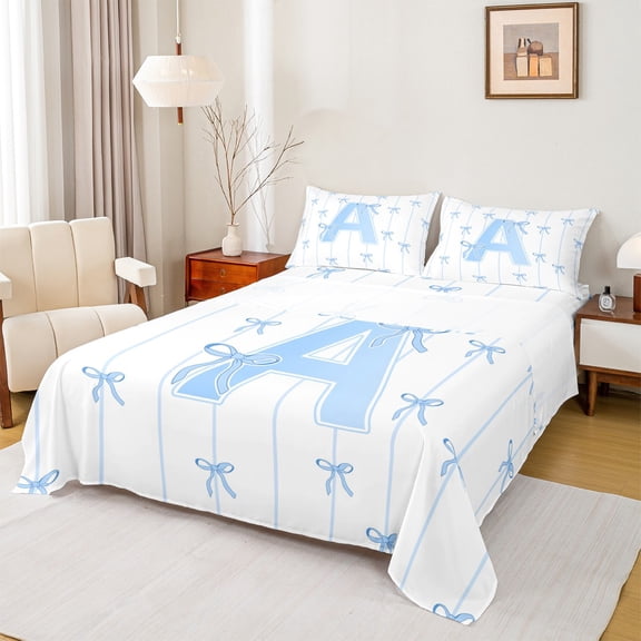 Castle Fairy Monogrammed Letter A 3Pcs Twin Sheet Sets for Teens Boys Girls,Kawaii Bow Twin Fitted Sheet,Geometric Stripes Breathable Flat Sheet,Super Cozy Room Decor