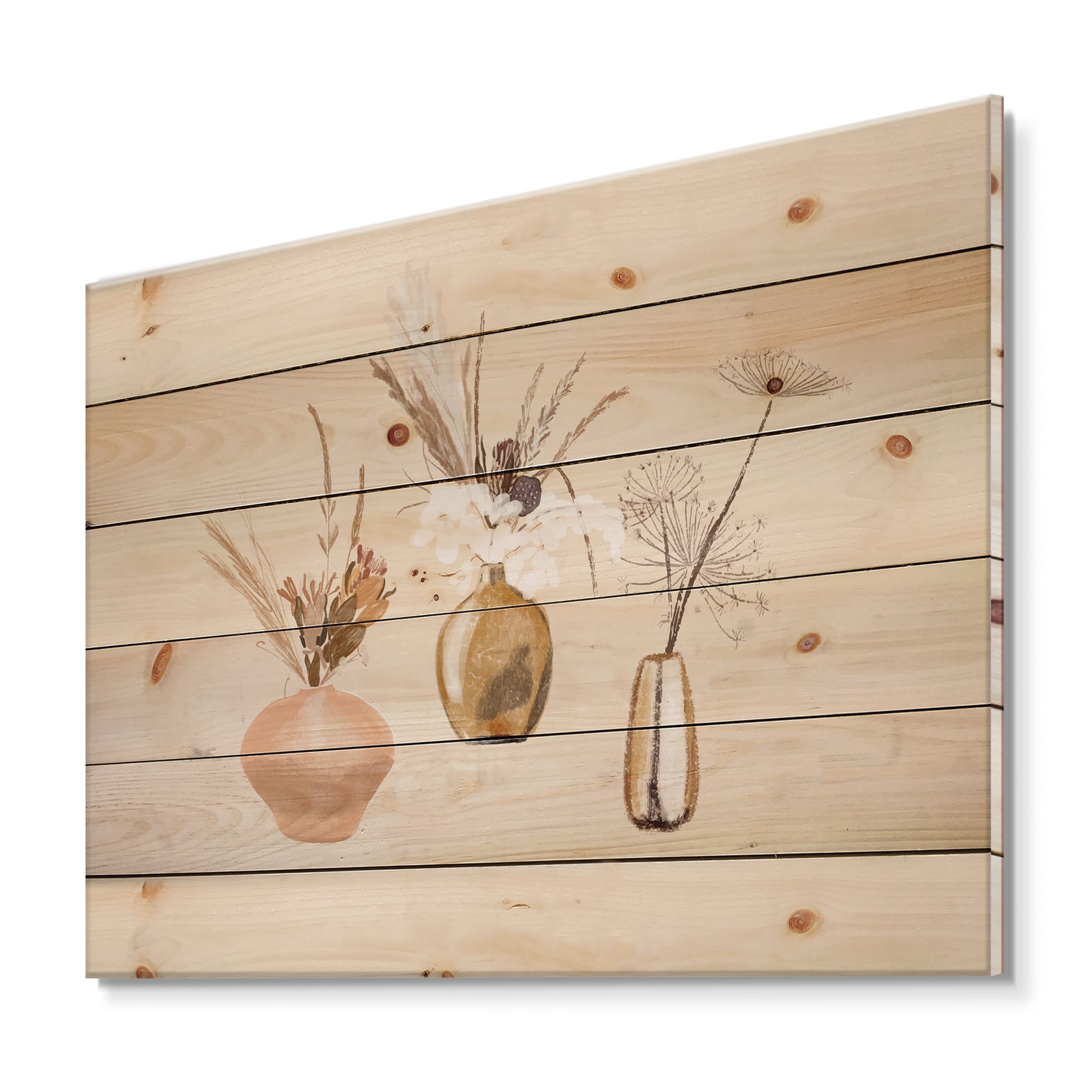 Designart 'Gold Vases With Bouquets Of Wildflowers I' Traditional Print on Natural Pine Wood