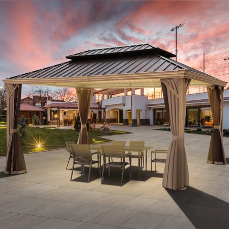 COVERONICS 16 FT x 12 FT Outdoor Hardtop Gazebo with Drainage Syatem Aluminum Frame Gazebo with Steel Double Roof