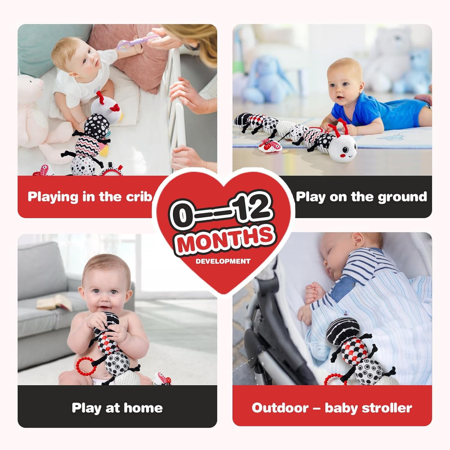 Musical Baby Growth Chart Plush Toy with Mirror, Rattle & Teether, Crawling Companion for 0-12 Months Infant Gift
