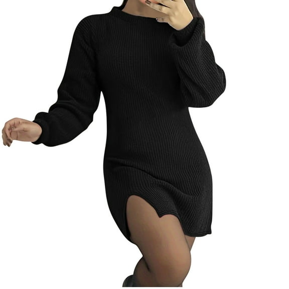Womens Knitting Cotton Dresses Fall Winter Loose Puff Sleeve Soft Warm Comfy Dress Simple Solid Casual Daily Dresses