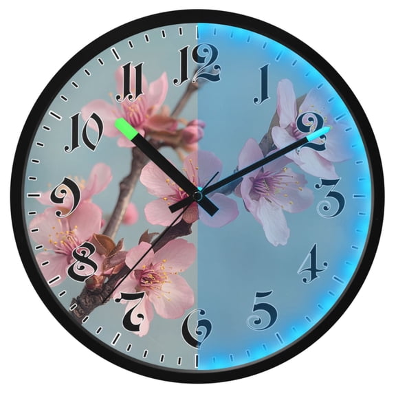 Ryvnso Cherry Flowers Blooming 12 Inch Night Light Wall Clock Luminous Silent Battery Operate Clocks