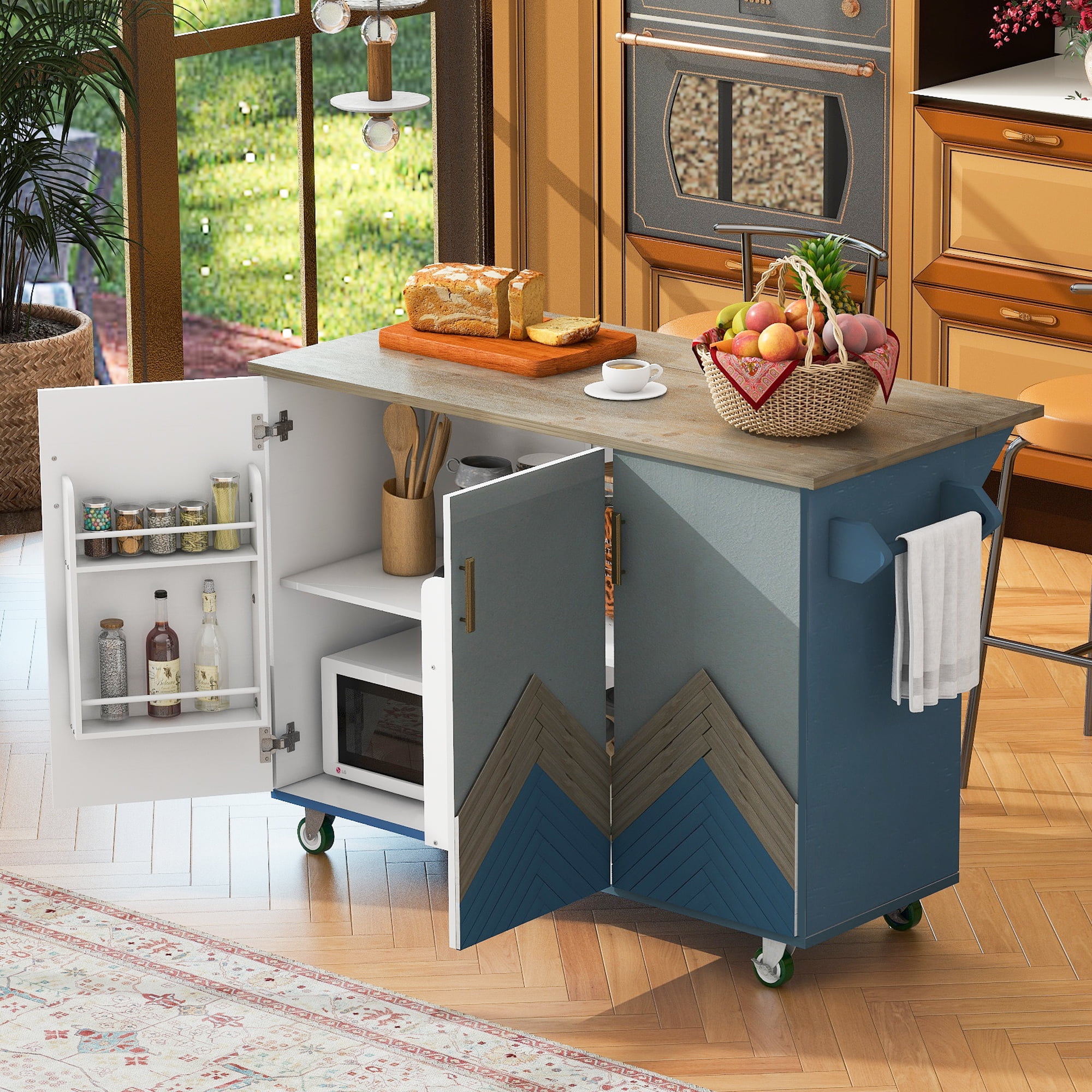 DEALTOPS 51"L Retro Mountain Wood Rolling Kitchen Island with Drop Leaf, Internal Storage Rack for Dining Room-Navy Blue