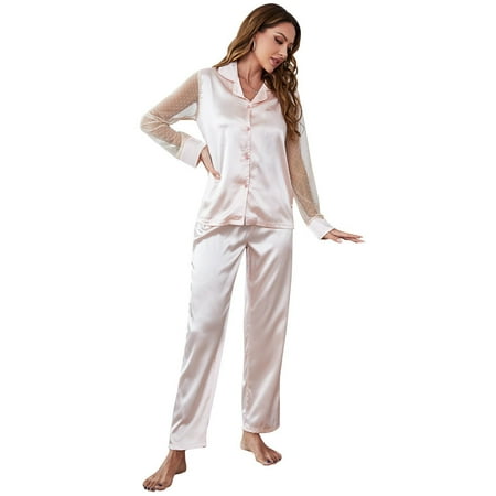

BESTSPR Silk Pajamas for Woman Long Sleeve Pajamas Set Button Down Shirts and Pants Pajamas Set Nightwear Loungewear S-XL