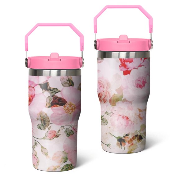 20oz Vintage Pink Pastel Watercolor Floral Pattern Stainless Steel Tumbler with Top Handle,Pioneer Travel Coffee Mug Flip Straw Cup,Gifts for Women Girls Men Adults(pink)