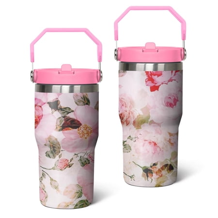 20oz Vintage Pink Pastel Watercolor Floral Pattern Stainless Steel Tumbler with Top Handle Pioneer Travel Coffee Mug Flip Straw Cup Gifts for Women Girls Men Adults（pink）